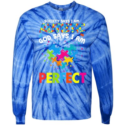 Society Says Autistic God Says IM Perfect Autism Heart Gift Tie-Dye Long Sleeve Shirt