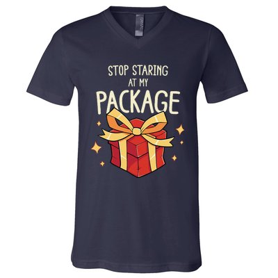 Stop Staring At My Package Funny Rude Xmas Christmas V-Neck T-Shirt