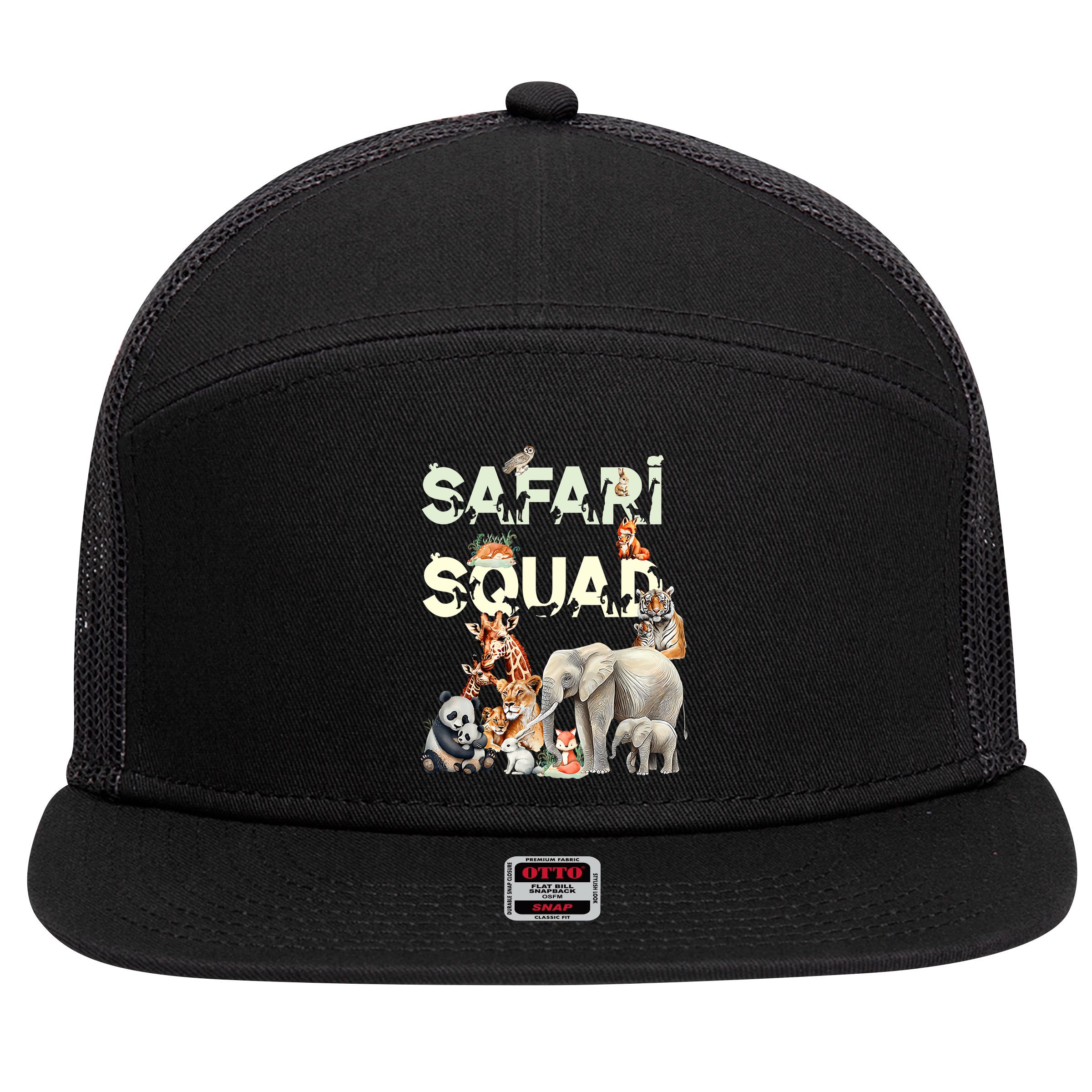 Safari Squad Animals Funny Zoo Animal Lovers Funny Safari 7 Panel Mesh Trucker Snapback Hat