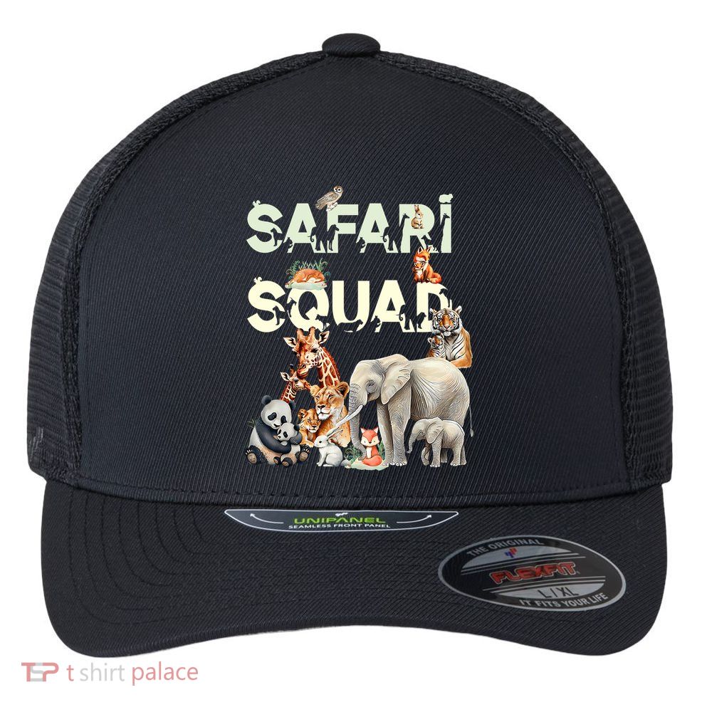 Safari Squad Animals Funny Zoo Animal Lovers Funny Safari Flexfit Unipanel Trucker Cap