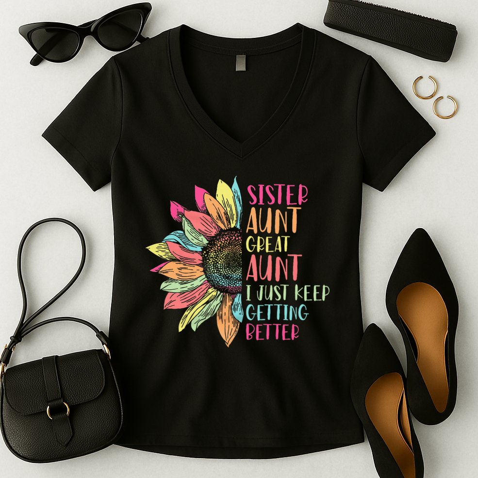 Sunflower Sister Aunt Great Aunt I Just Keep Getting Better Women's V-Neck T-Shirt