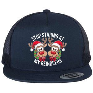 Stop Staring At My Reindeers Boobs Ugly Gag Xmas Sweater Flat Bill Trucker Hat