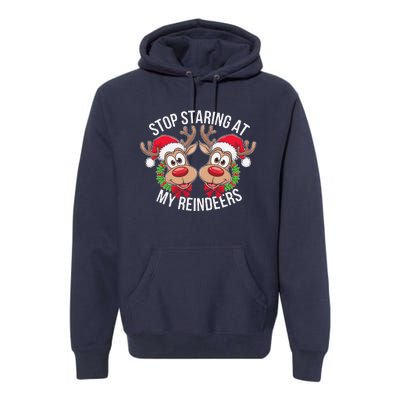 Stop Staring At My Reindeers Boobs Ugly Gag Xmas Sweater Premium Hoodie