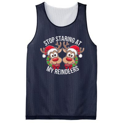 Stop Staring At My Reindeers Boobs Ugly Gag Xmas Sweater Mesh Reversible Basketball Jersey Tank