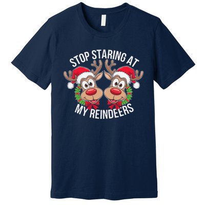 Stop Staring At My Reindeers Boobs Ugly Gag Xmas Sweater Premium T-Shirt