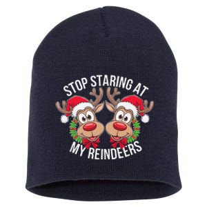 Stop Staring At My Reindeers Boobs Ugly Gag Xmas Sweater Short Acrylic Beanie