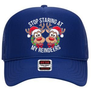 Stop Staring At My Reindeers Boobs Ugly Gag Xmas Sweater High Crown Mesh Back Trucker Hat