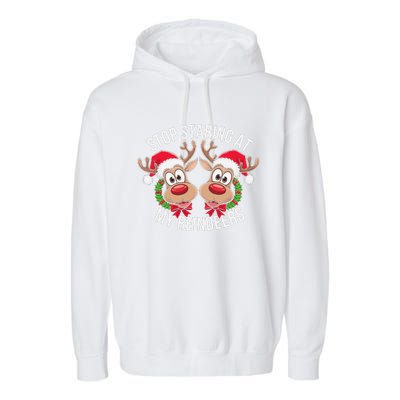 Stop Staring At My Reindeers Boobs Ugly Gag Xmas Sweater Garment-Dyed Fleece Hoodie