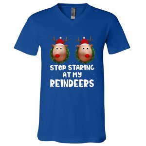 Stop Staring At My Reindeers Fun Joke Humor Christmas Adult Meaningful Gift V-Neck T-Shirt