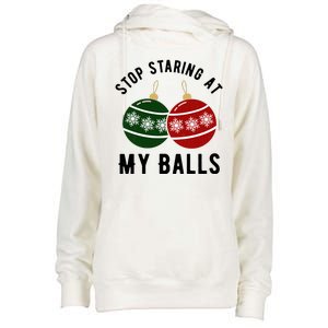 Stop Staring At My Balls Funny Christmas Womens Funnel Neck Pullover Hood