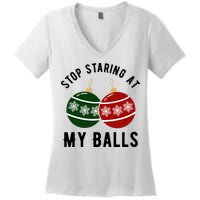 Stop Staring At My Balls Funny Christmas Women's V-Neck T-Shirt