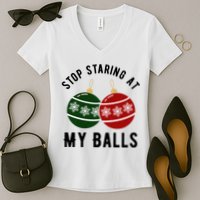 Stop Staring At My Balls Funny Christmas Women's V-Neck T-Shirt