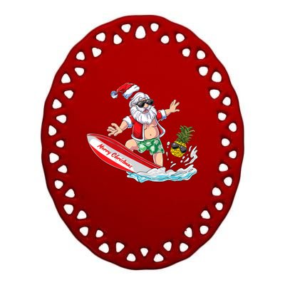 Surfing Santa Beach Holiday Plams Christmas In July Surf Ceramic Oval Ornament