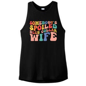 Somebody's Spoiled Blue Collar Wife Funny Wavy Retro on back Ladies PosiCharge Tri-Blend Wicking Tank