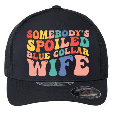 Somebody's Spoiled Blue Collar Wife Funny Wavy Retro on back Flexfit Unipanel Trucker Cap