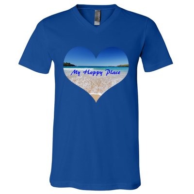 Summer Sand Beach Sea Ocean Is My Happy Place Gift Present Gift V-Neck T-Shirt