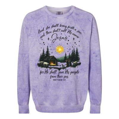 She Shall Bring Forth A Son Jesus Christian Christmas 2024 Colorblast Crewneck Sweatshirt