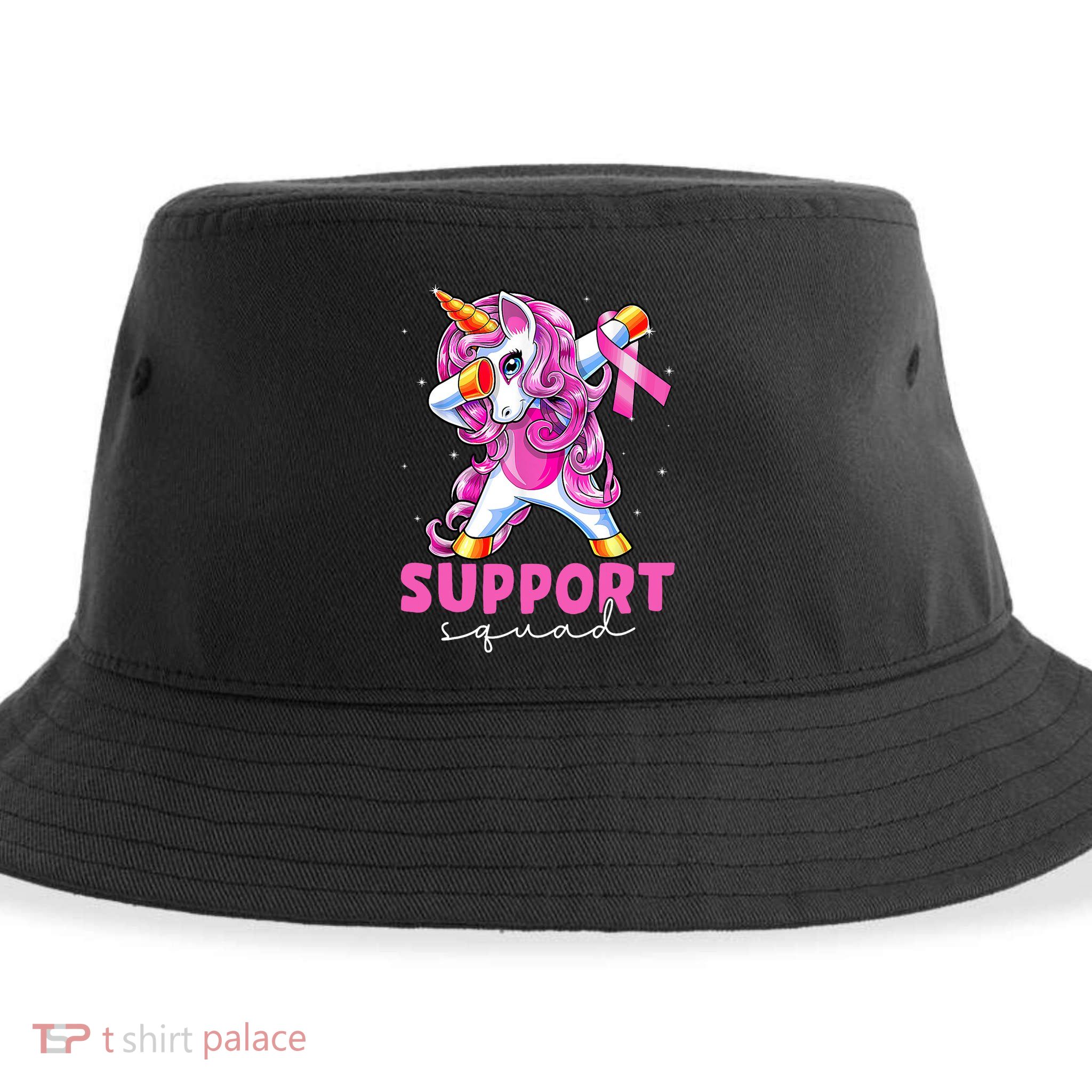 Support Squad Breast Cancer Awareness Pink Unicorn Sustainable Bucket Hat