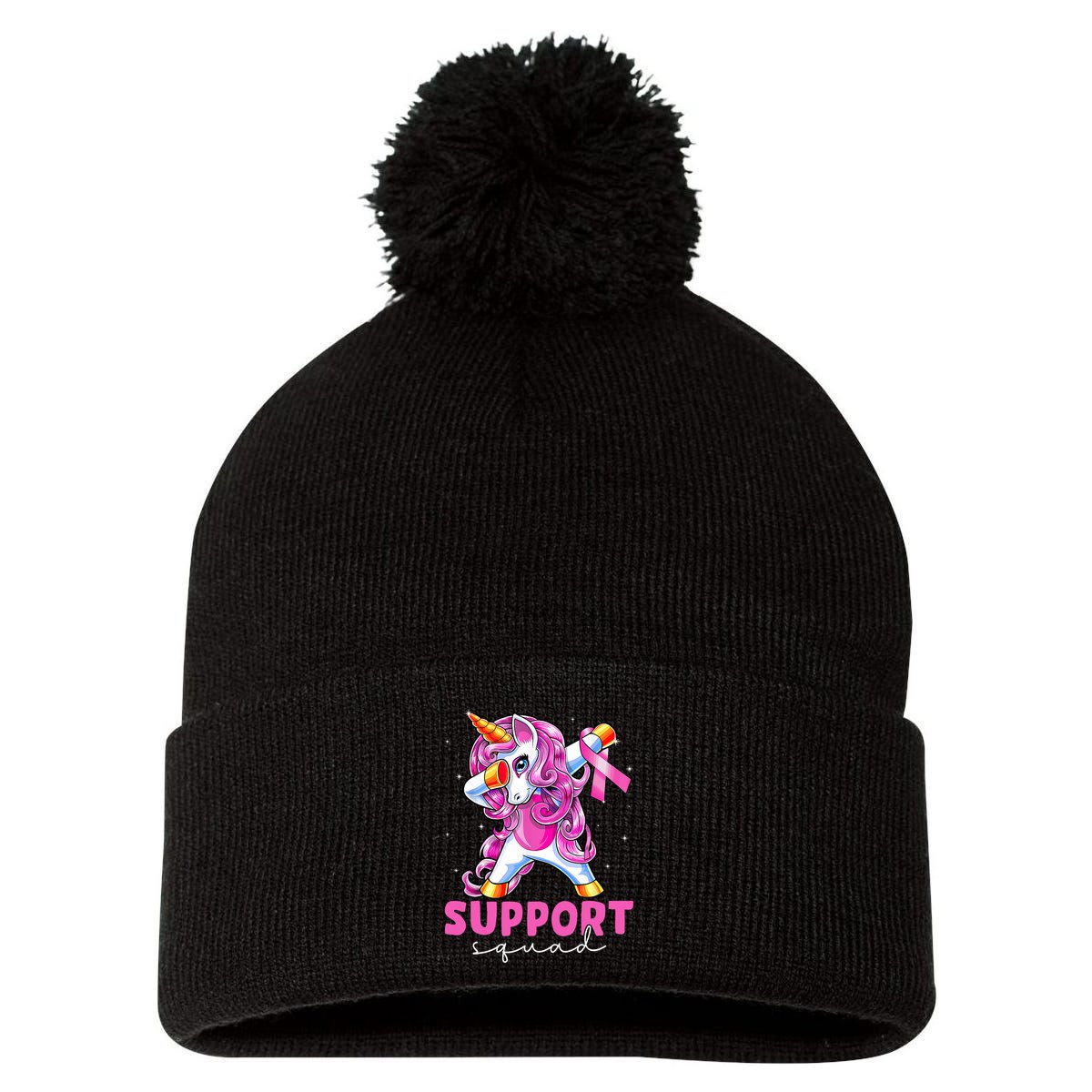 Support Squad Breast Cancer Awareness Pink Unicorn Pom Pom 12in Knit Beanie