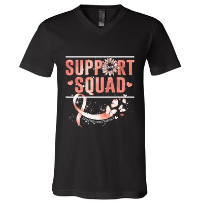 Support Squad Butterfly Peach Ribbon Endometrial Cancer V-Neck T-Shirt
