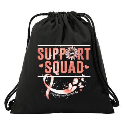 Support Squad Butterfly Peach Ribbon Endometrial Cancer Drawstring Bag