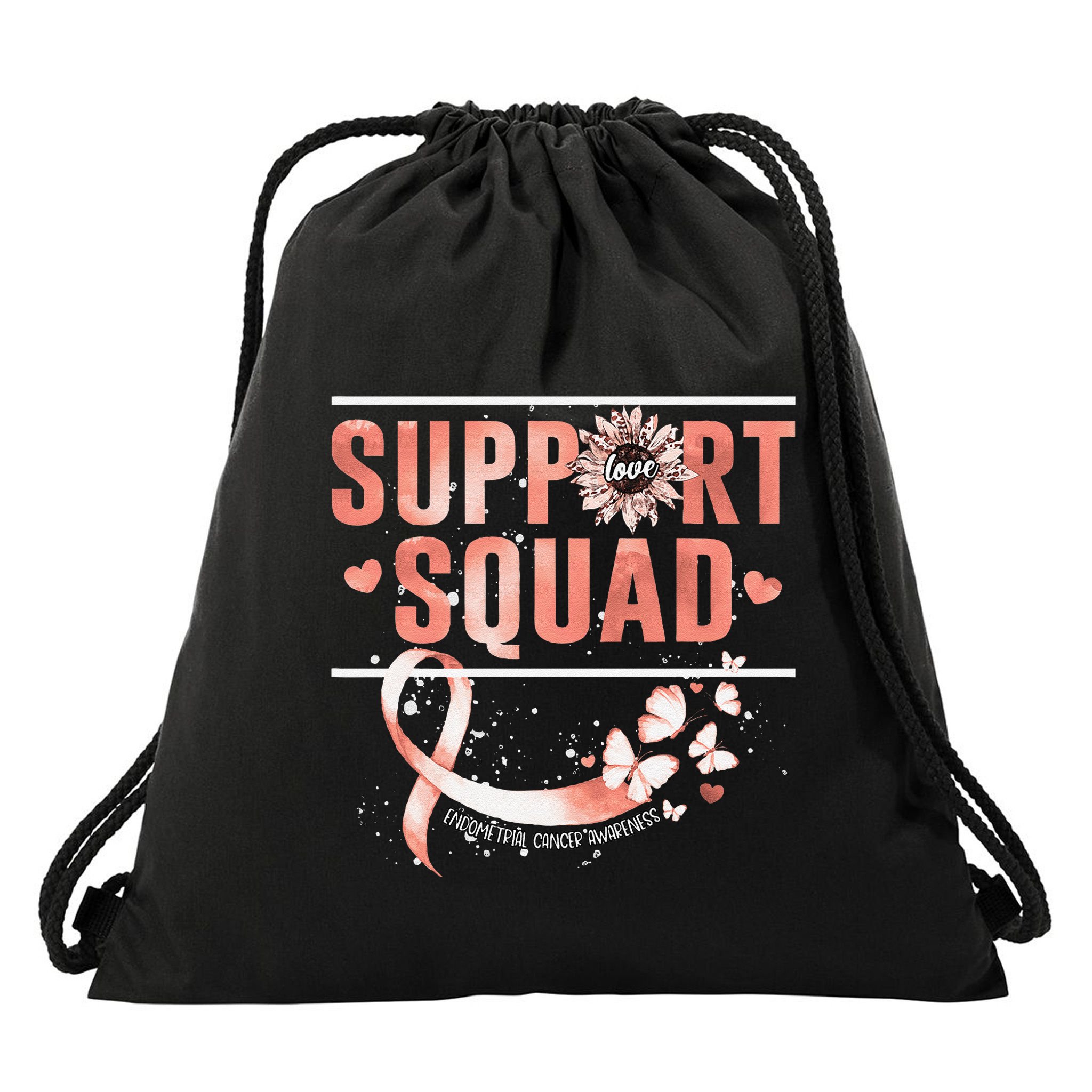 Support Squad Butterfly Peach Ribbon Endometrial Cancer Drawstring Bag