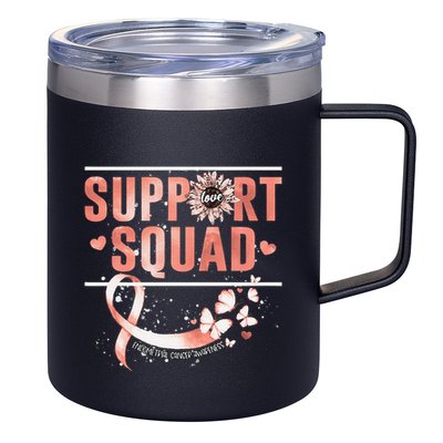 Support Squad Butterfly Peach Ribbon Endometrial Cancer 12oz Stainless Steel Coffee Mug