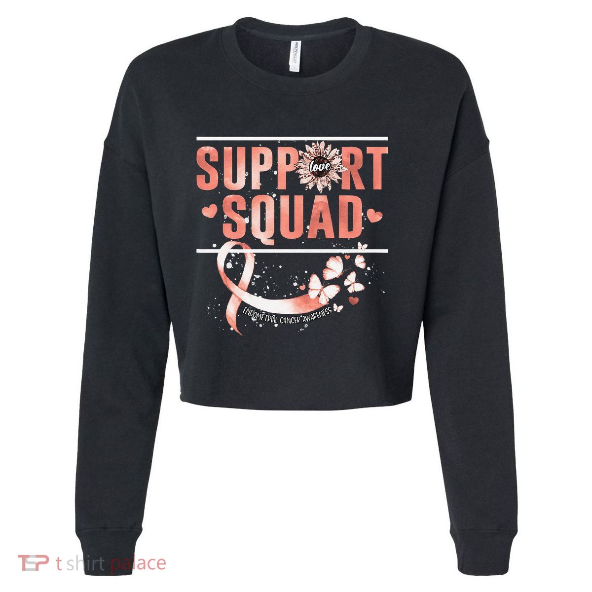 Support Squad Butterfly Peach Ribbon Endometrial Cancer Cropped Pullover Crew