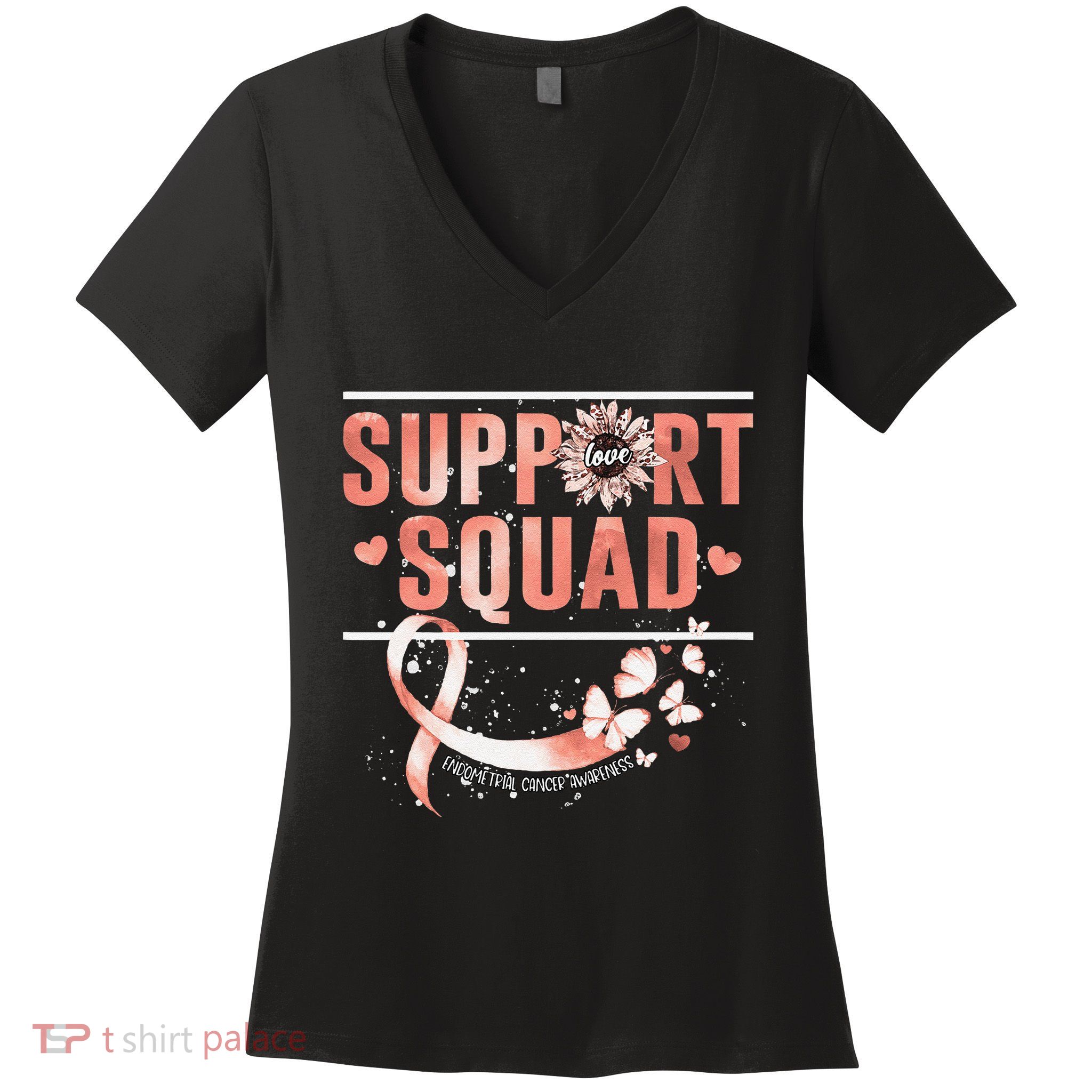 Support Squad Butterfly Peach Ribbon Endometrial Cancer Women's V-Neck T-Shirt