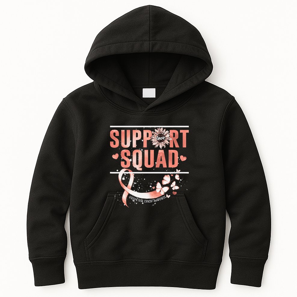 Support Squad Butterfly Peach Ribbon Endometrial Cancer Kids Hoodie