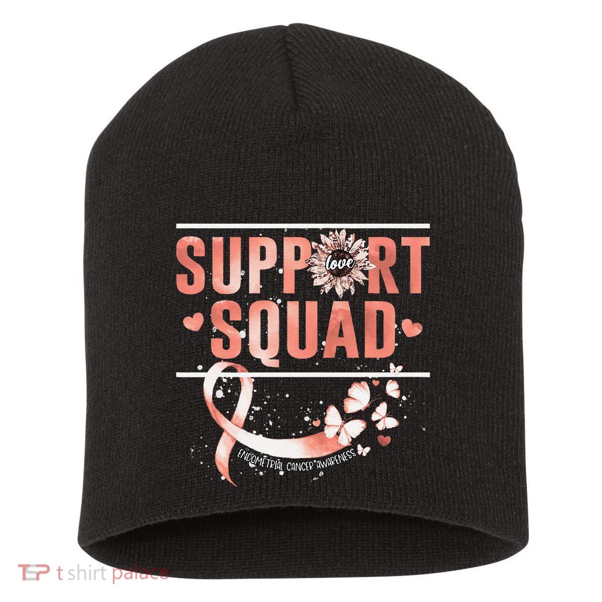 Support Squad Butterfly Peach Ribbon Endometrial Cancer Short Acrylic Beanie