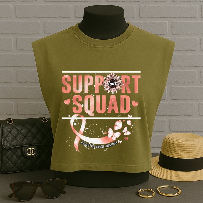 Support Squad Butterfly Peach Ribbon Endometrial Cancer Garment-Dyed Women's Muscle Tee