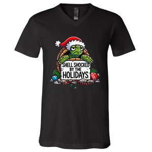 Shell Shocked By The Holidays Grumpy Turtle Christmas Funny V-Neck T-Shirt