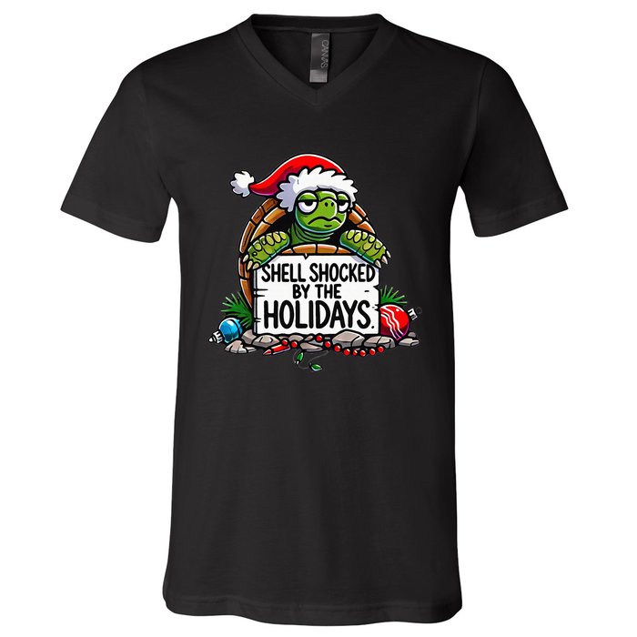 Shell Shocked By The Holidays Grumpy Turtle Christmas Funny V-Neck T-Shirt