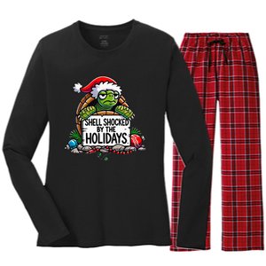 Shell Shocked By The Holidays Grumpy Turtle Christmas Funny Women's Long Sleeve Flannel Pajama Set 