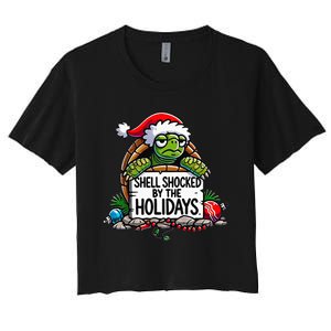 Shell Shocked By The Holidays Grumpy Turtle Christmas Funny Women's Crop Top Tee