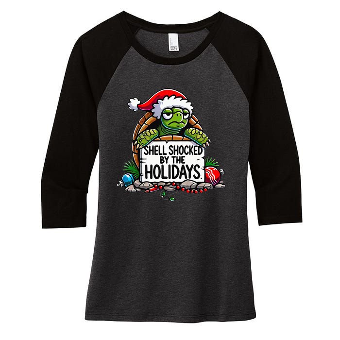 Shell Shocked By The Holidays Grumpy Turtle Christmas Funny Women's Tri-Blend 3/4-Sleeve Raglan Shirt