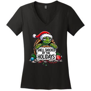 Shell Shocked By The Holidays Grumpy Turtle Christmas Funny Women's V-Neck T-Shirt