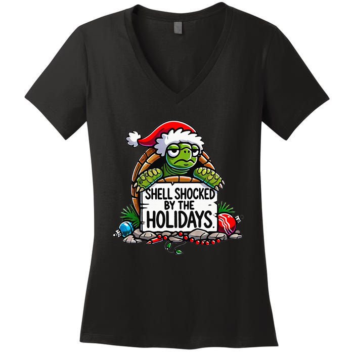 Shell Shocked By The Holidays Grumpy Turtle Christmas Funny Women's V-Neck T-Shirt