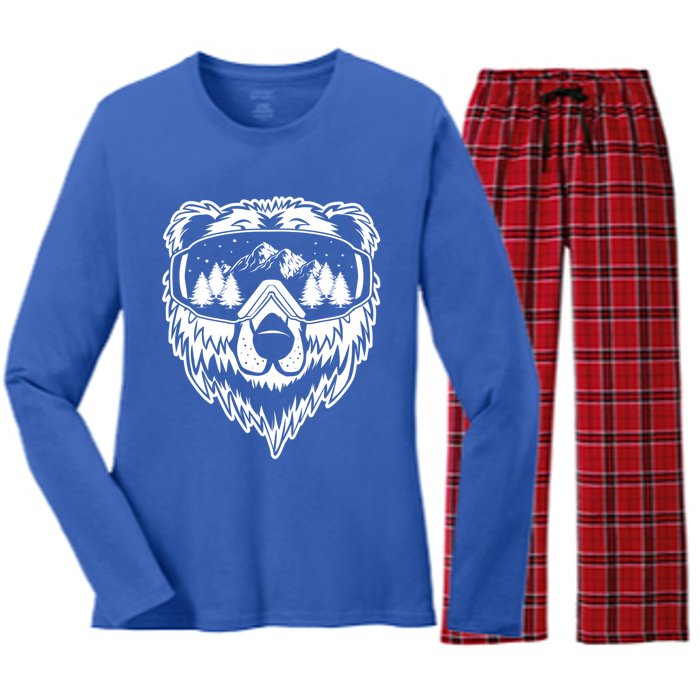 Snow Ski Bear Gift Cool Snowboard Bear With Sunglass Gift Women's Long Sleeve Flannel Pajama Set 