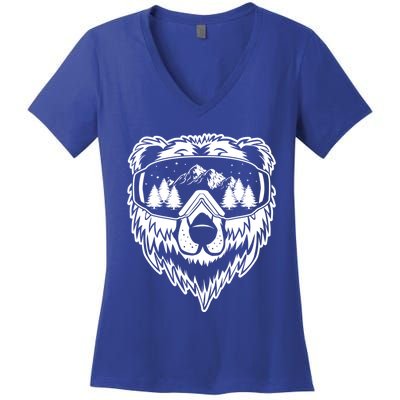 Snow Ski Bear Gift Cool Snowboard Bear With Sunglass Gift Women's V-Neck T-Shirt