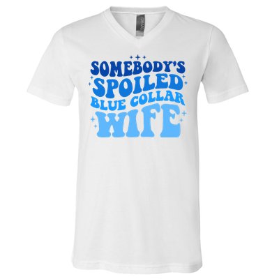 Somebodys Spoiled Blue Collar Wife Groovy MotherS Day V-Neck T-Shirt