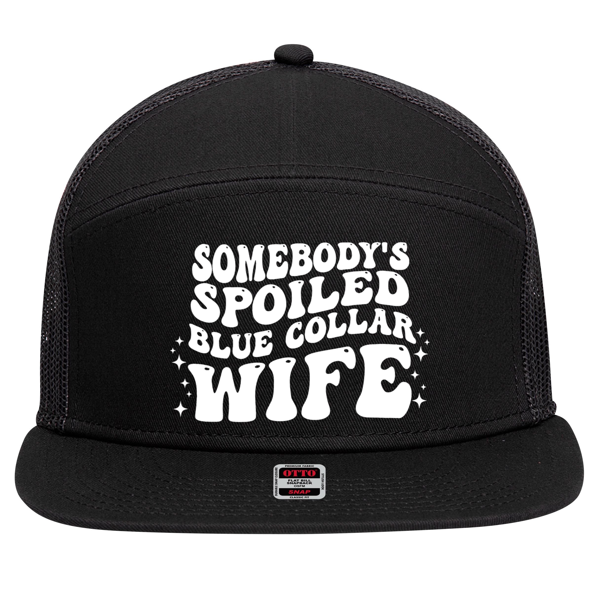 Somebody's Spoiled Blue Collar Wife Funny Wavy Retro Groovy 7 Panel Mesh Trucker Snapback Hat