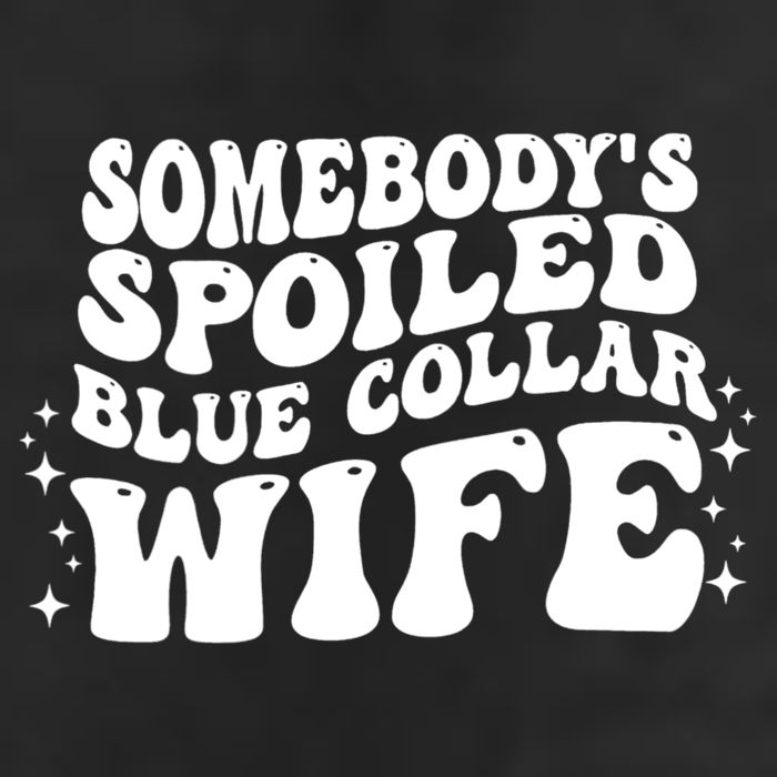 Somebody's Spoiled Blue Collar Wife Funny Wavy Retro Groovy 7 Panel Mesh Trucker Snapback Hat