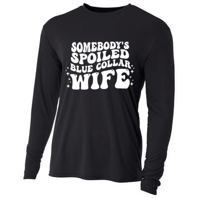 Somebody's Spoiled Blue Collar Wife Funny Wavy Retro Groovy Cooling Performance Long Sleeve Crew
