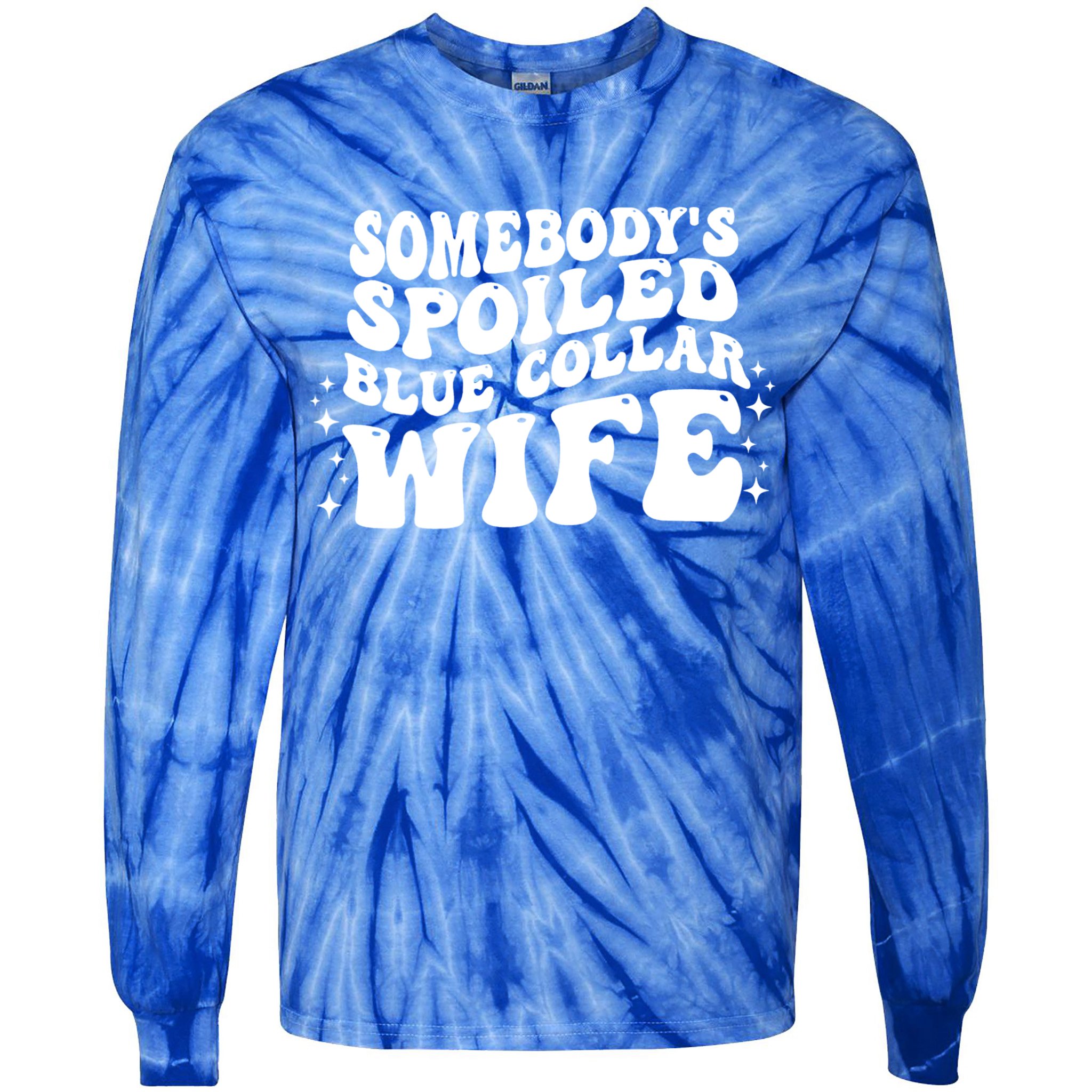 Somebody's Spoiled Blue Collar Wife Funny Wavy Retro Groovy Tie-Dye Long Sleeve Shirt