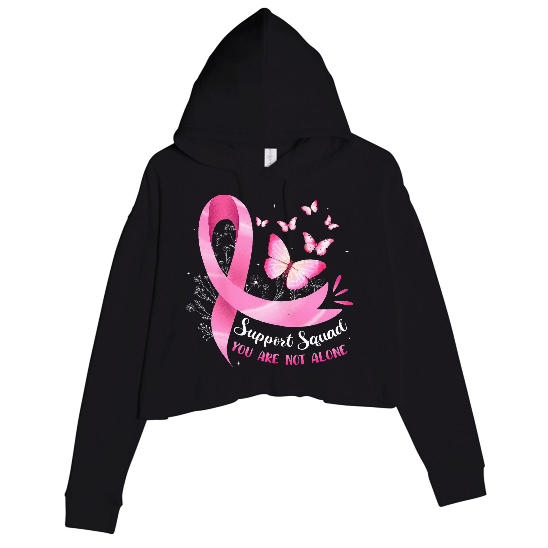 Support Squad Breast Cancer Awareness Pink Ribbon Butterfly Crop Fleece Hoodie