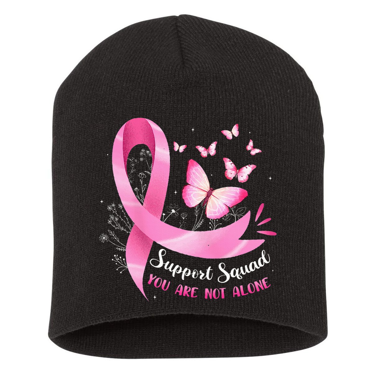 Support Squad Breast Cancer Awareness Pink Ribbon Butterfly Short Acrylic Beanie