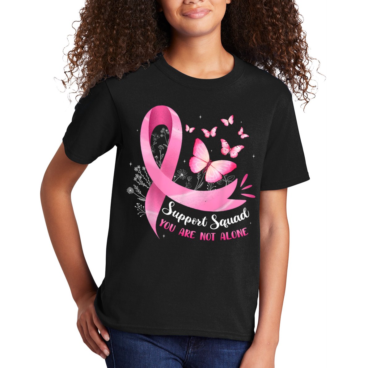 Support Squad Breast Cancer Awareness Pink Ribbon Butterfly Kids T-Shirt