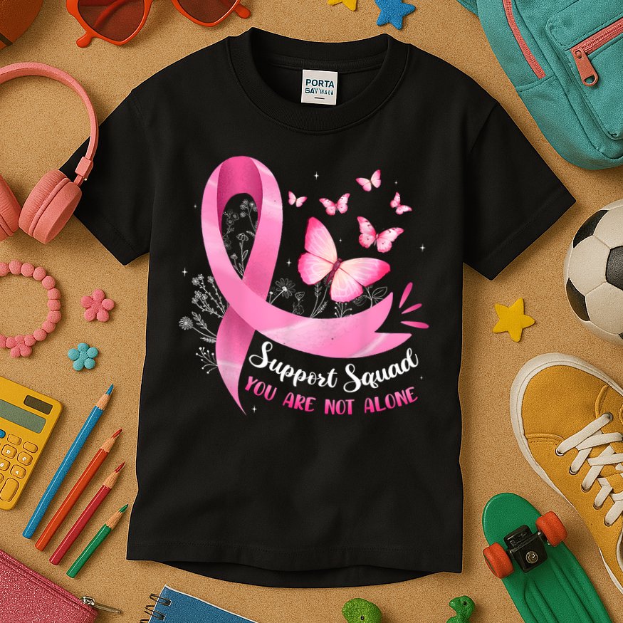 Support Squad Breast Cancer Awareness Pink Ribbon Butterfly Kids T-Shirt